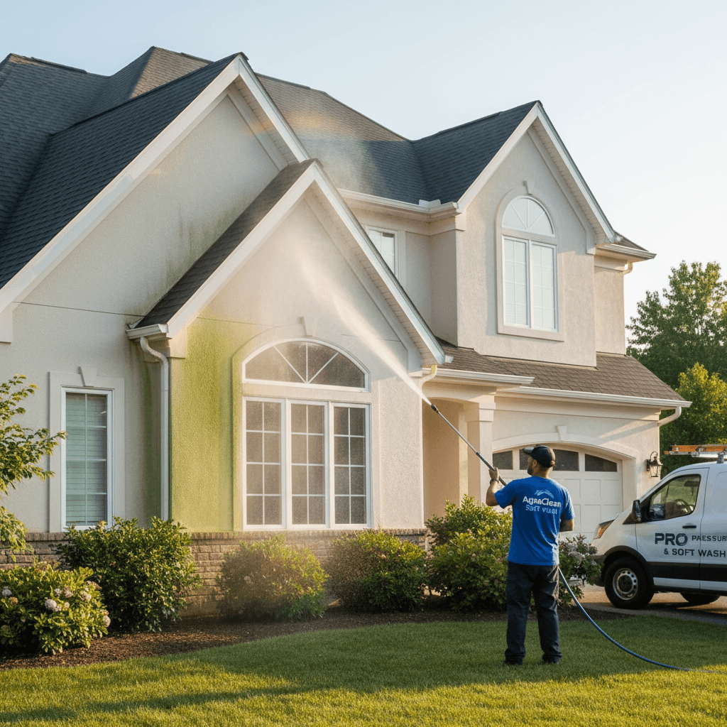 Professional soft-washing exterior cleaning on residential home