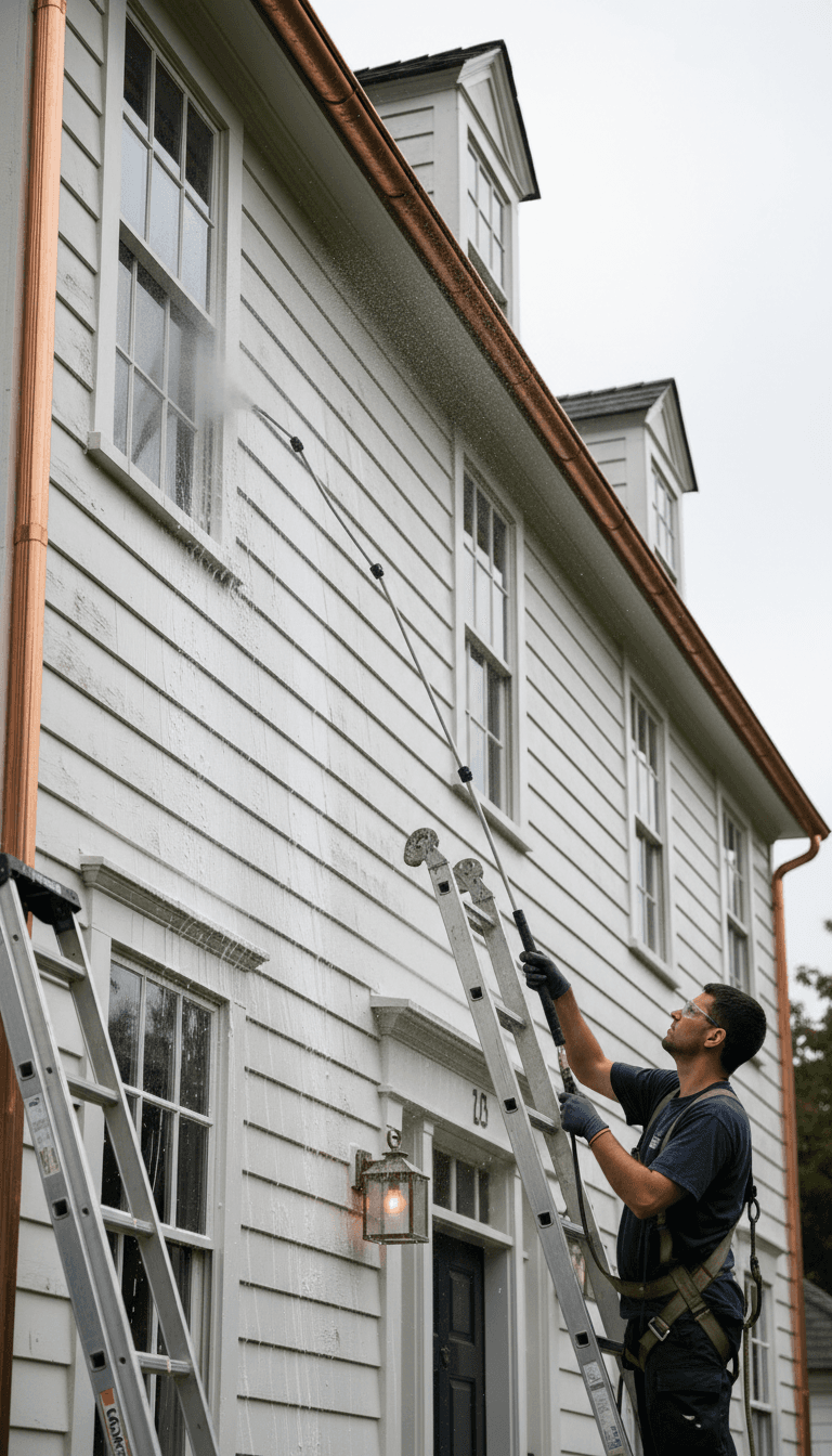 Magnolia Exterior team performing damage-free soft washing on a residential home