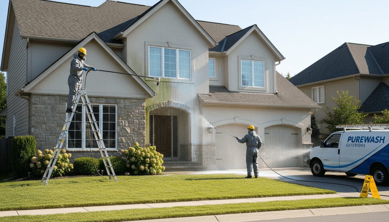 Magnolia Exterior team performing safe soft-washing on residential home exterior