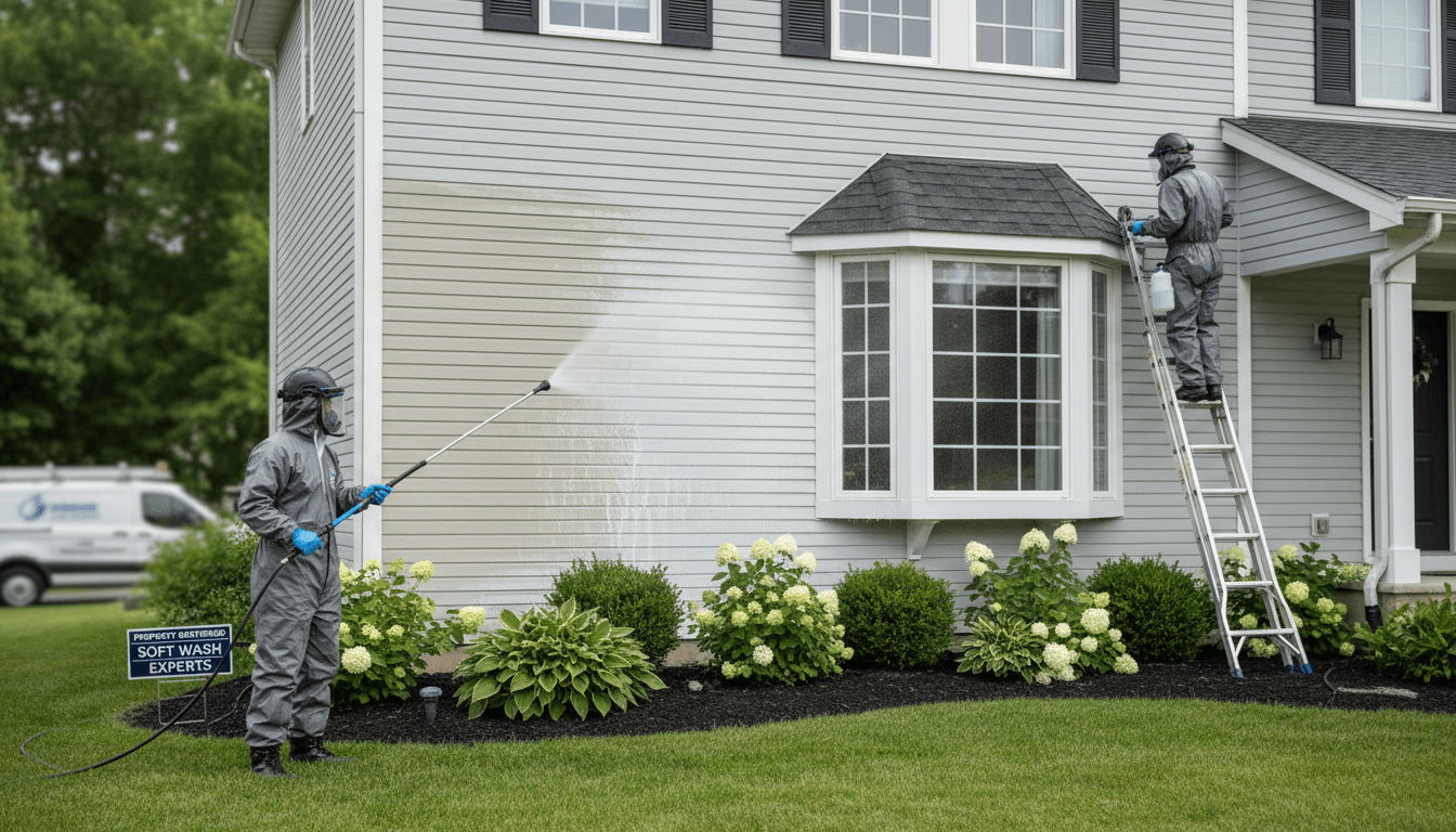 Owner performing soft-washing on residential exterior